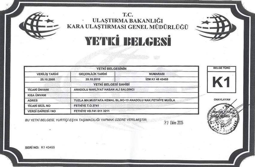 Fethiye Anadolu Nakliyat K1 taşıma belgesi